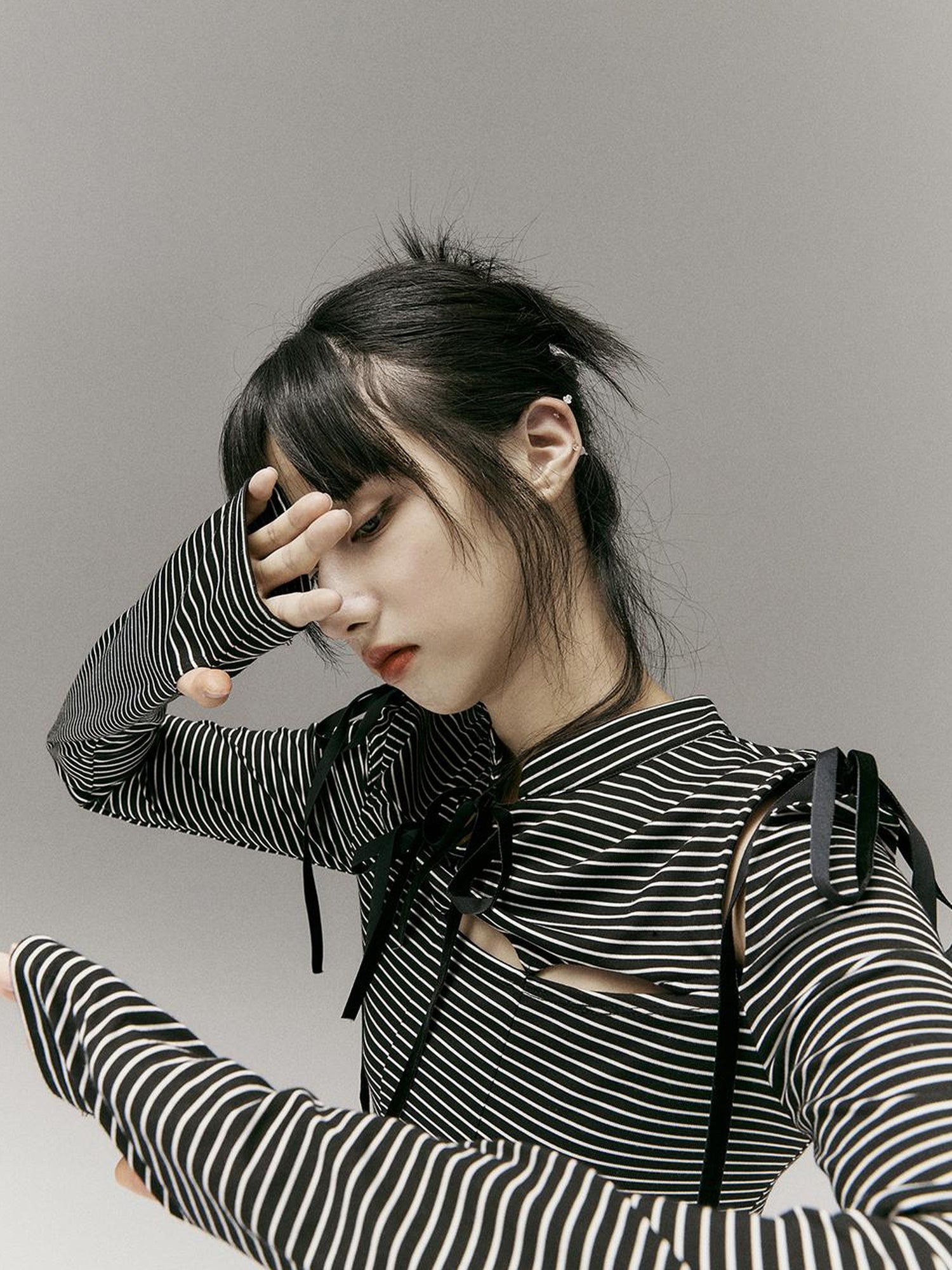 FUSSED Stripped Split Top With Qipao Collar And Cut Out Detail
