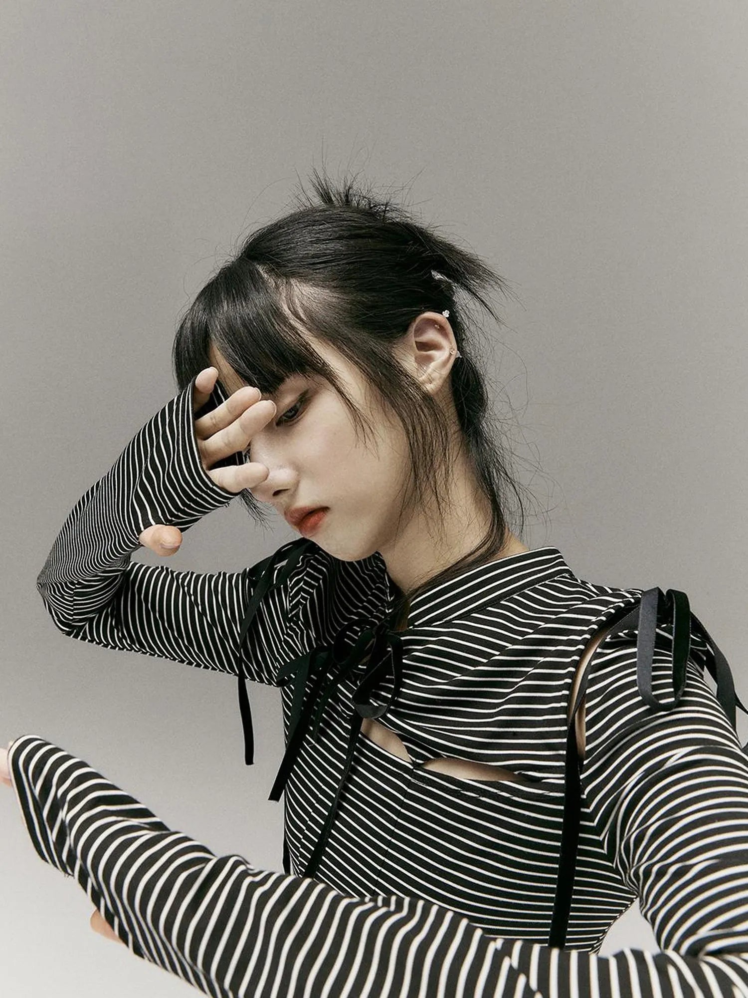 Stripped Split Top With Qipao Collar And Cut Out Detail