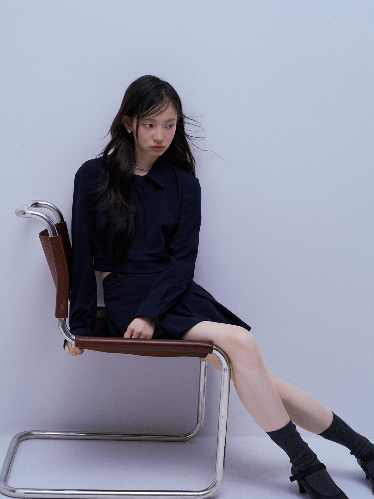 FUSSED Structured Pleated Navy Knit Women&
