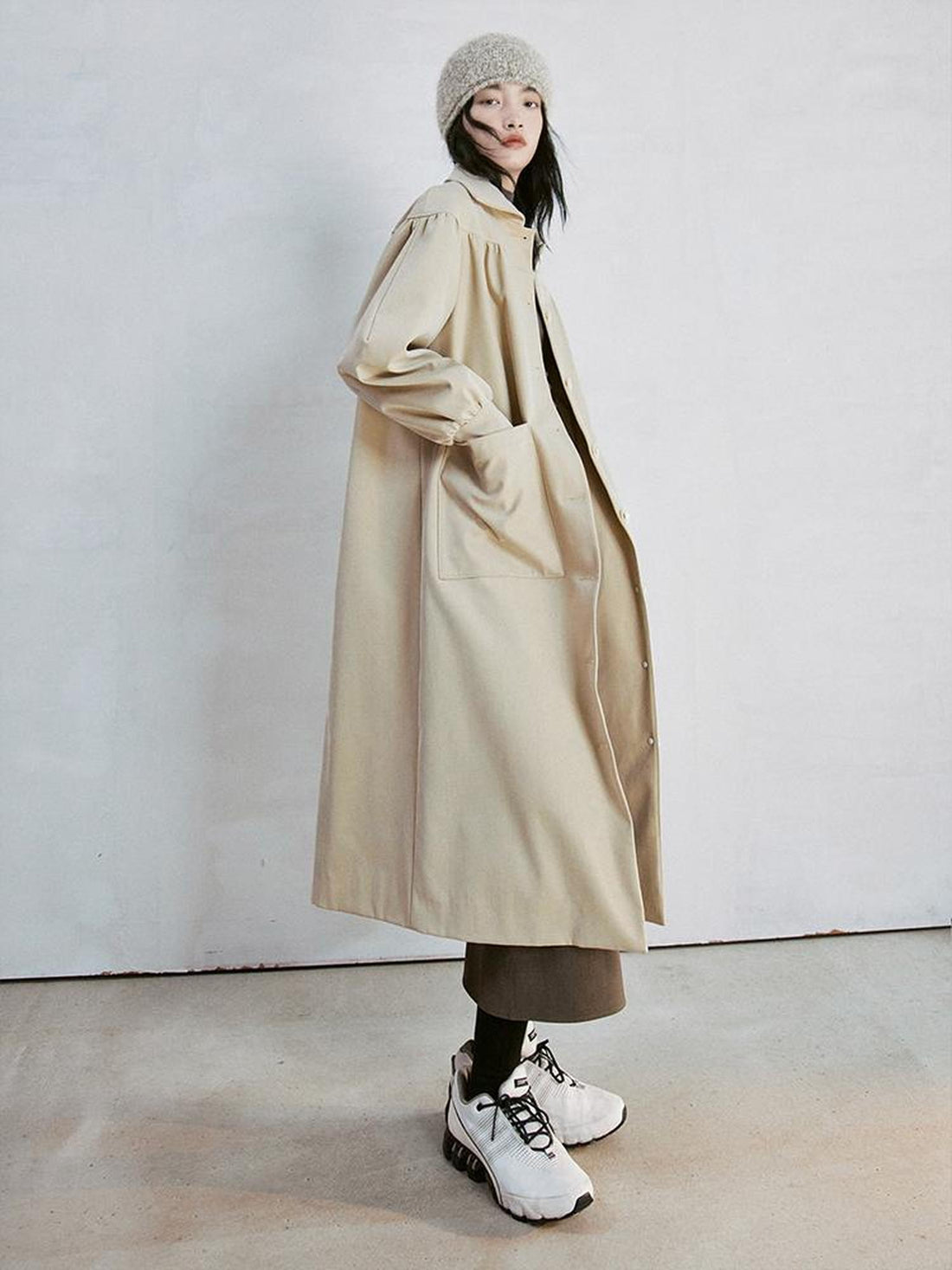 FUSSED Taupe Textured Trench Coat with Folded Details and Turn Down Collar