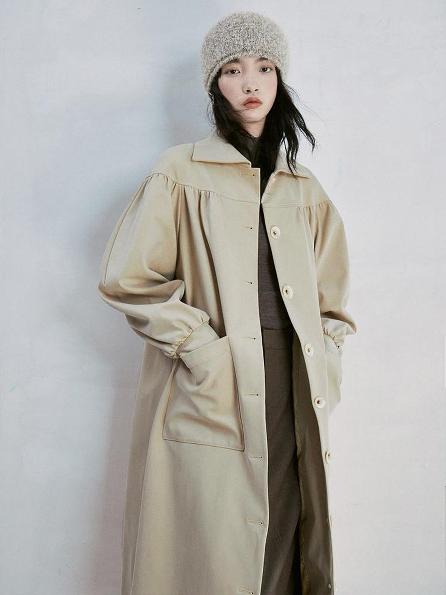 FUSSED Taupe Textured Trench Coat with Folded Details and Turn Down Collar