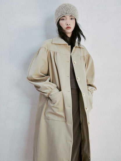 FUSSED Taupe Textured Trench Coat with Folded Details and Turn Down Collar