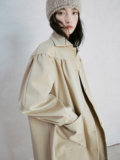 FUSSED Taupe Textured Trench Coat with Folded Details and Turn Down Collar