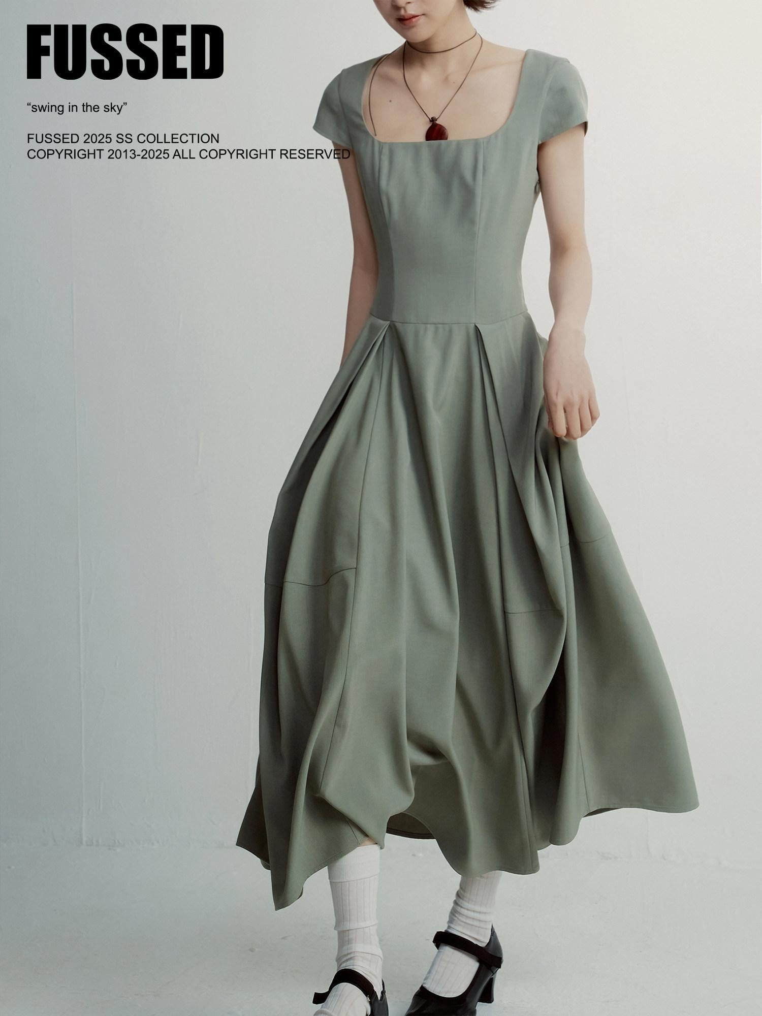 FUSSED Tea Color Hand Pleated Cocoon Square Neck Women&