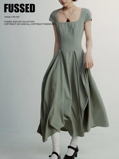 FUSSED Tea Color Hand Pleated Cocoon Square Neck Women&