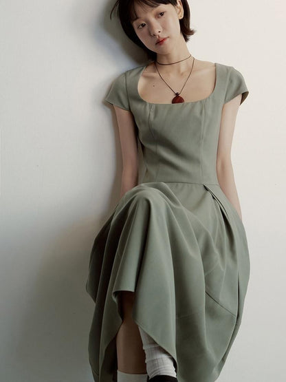 FUSSED Tea Color Hand Pleated Cocoon Square Neck Women&