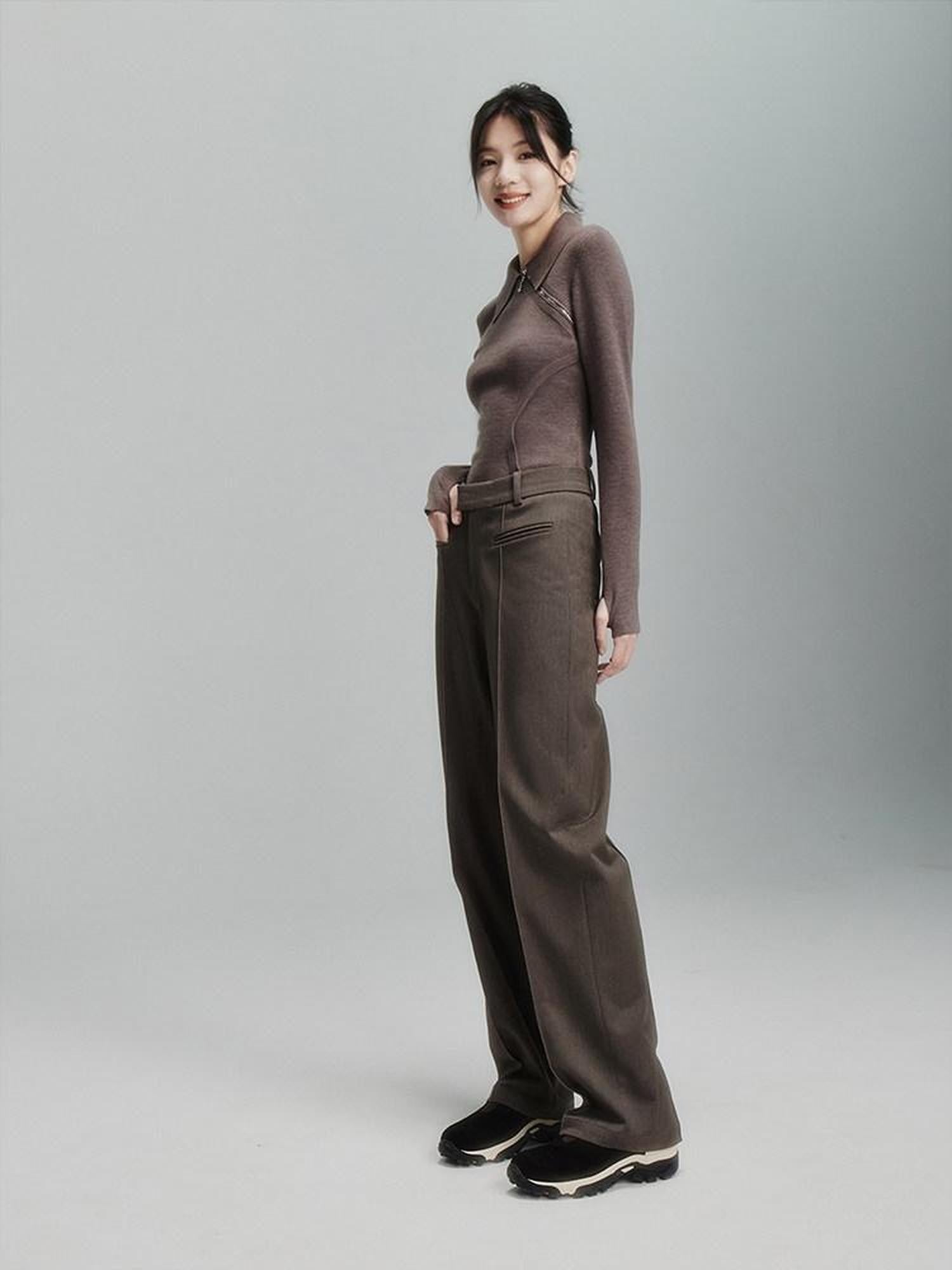 FUSSED Tea Mouse Brown Chinese Style Slim Polo Collar Women&