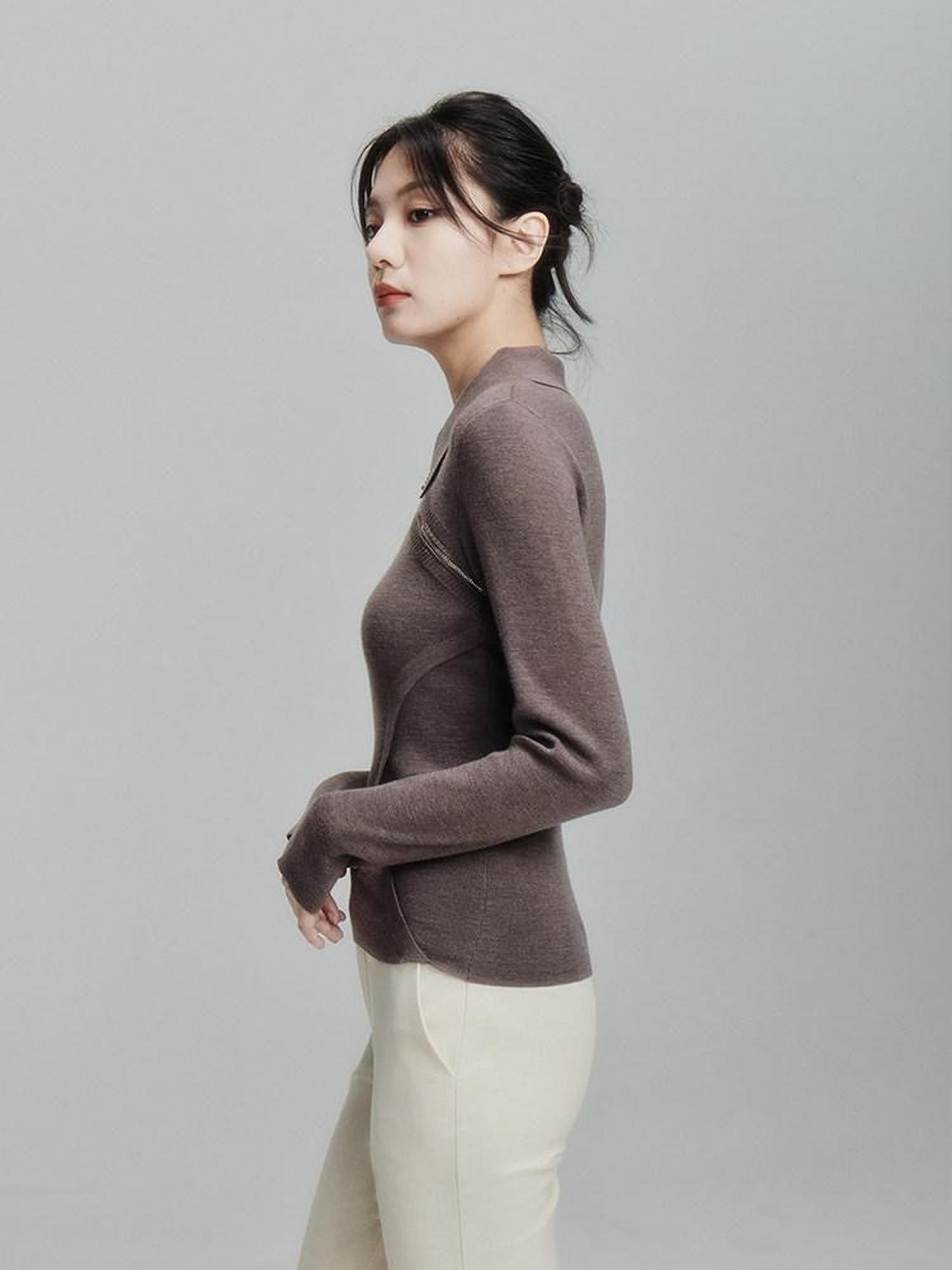 FUSSED Tea Mouse Brown Chinese Style Slim Polo Collar Women&