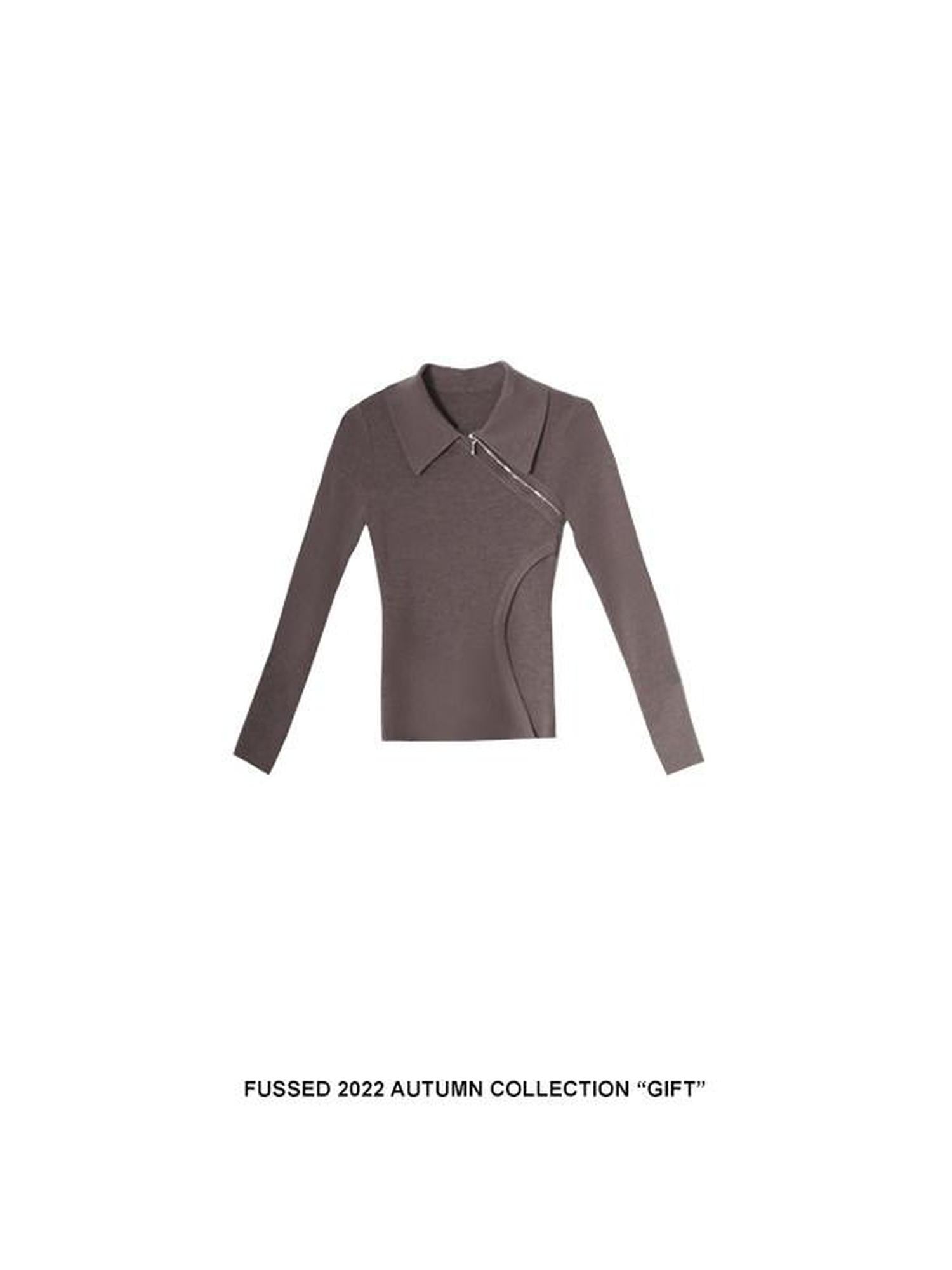 FUSSED Tea Mouse Brown Chinese Style Slim Polo Collar Women&