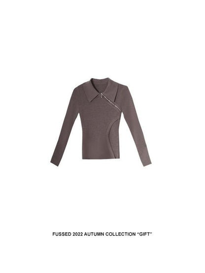 FUSSED Tea Mouse Brown Chinese Style Slim Polo Collar Women&