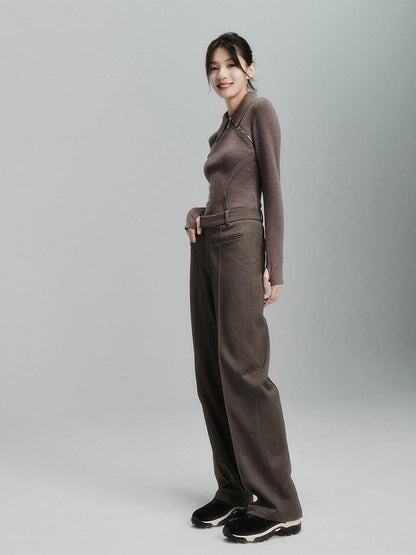 FUSSED Tea Mouse Brown Chinese Style Slim Polo Collar Women&
