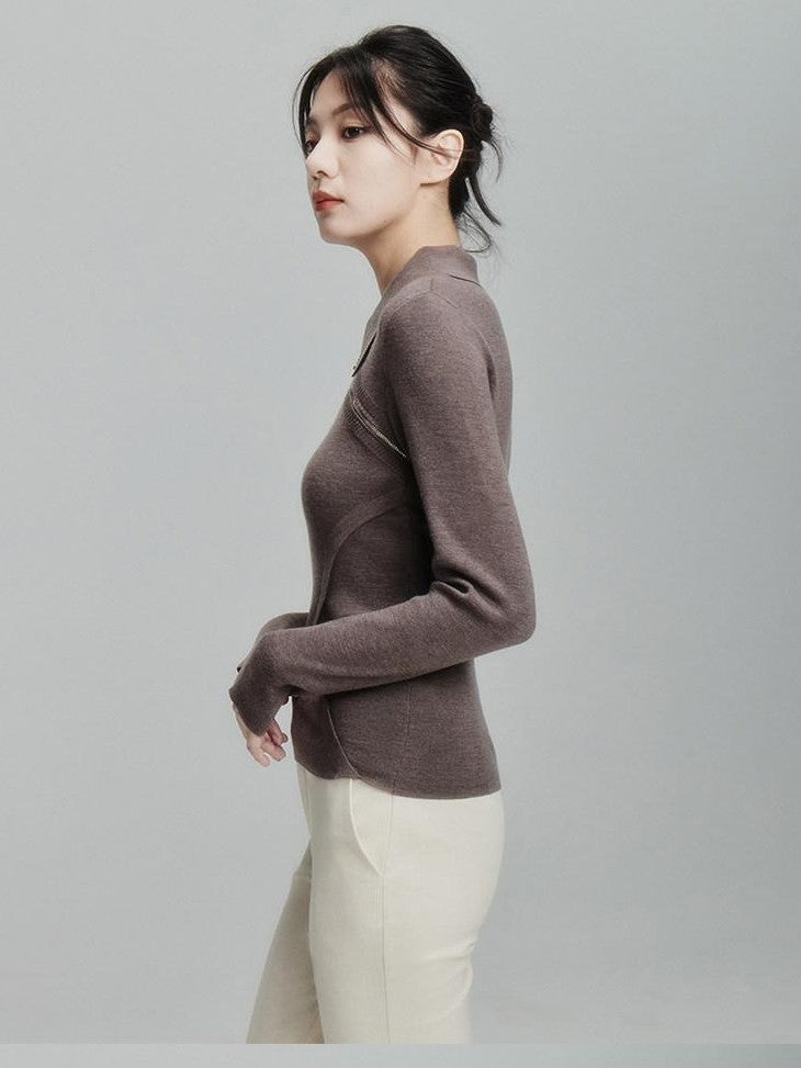 FUSSED Tea Mouse Brown Chinese Style Slim Polo Collar Women&