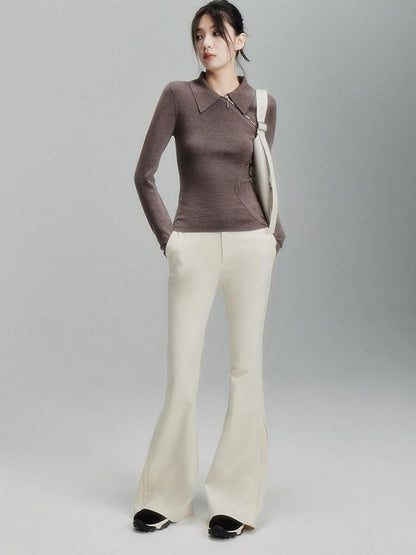 FUSSED Tea Mouse Brown Chinese Style Slim Polo Collar Women&