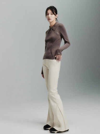 FUSSED Tea Mouse Brown Chinese Style Slim Polo Collar Women&