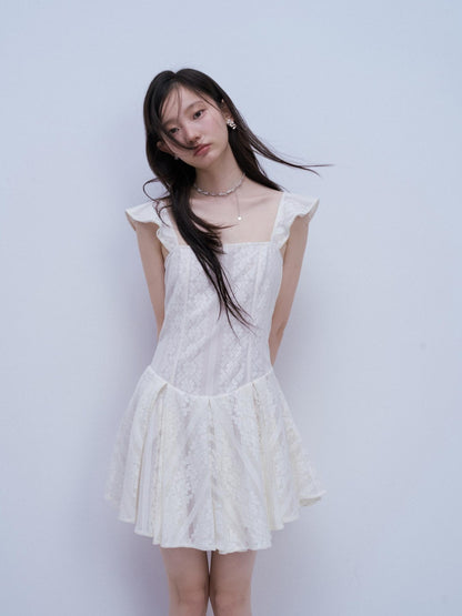 FUSSED Tea White Lace Jacquard Layered Pleated Women&