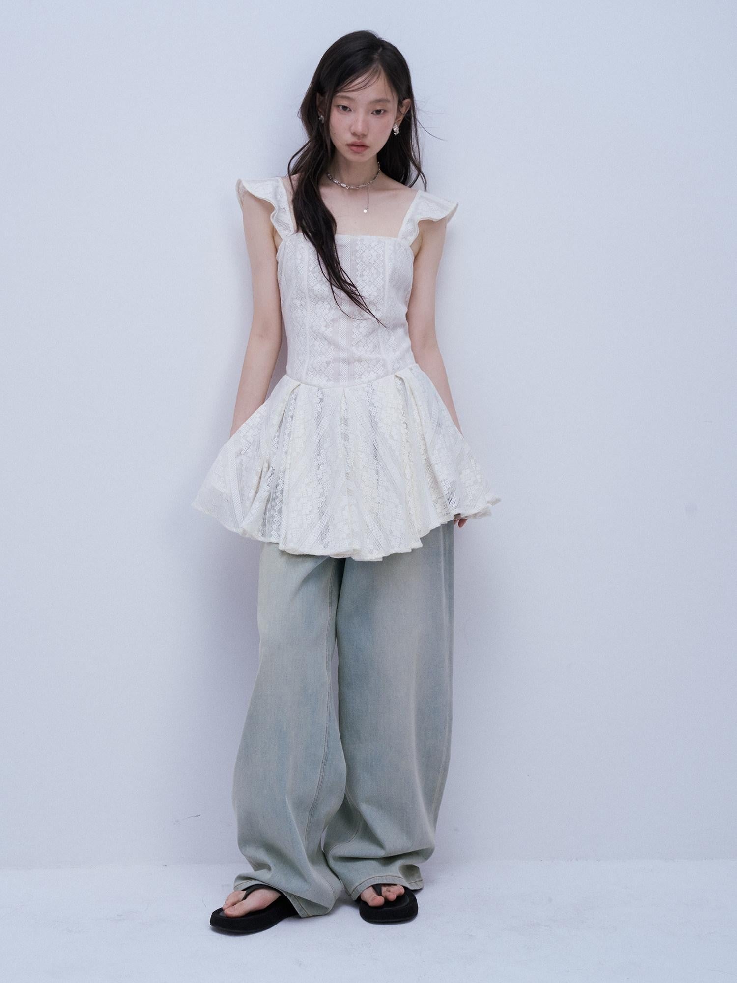 FUSSED Tea White Lace Jacquard Layered Pleated Women&