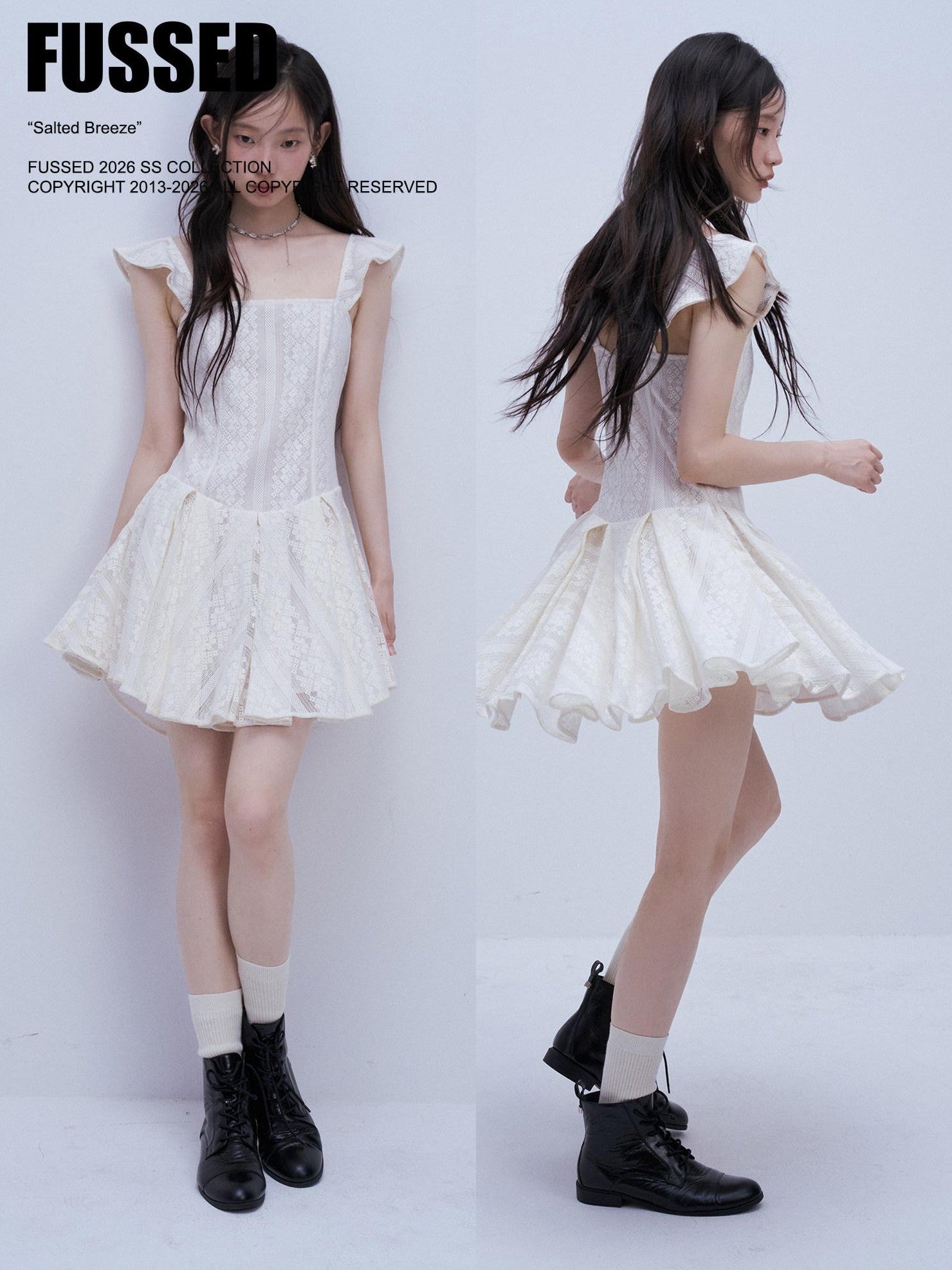 FUSSED Tea White Lace Jacquard Layered Pleated Women&