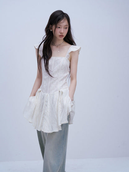 FUSSED Tea White Lace Jacquard Layered Pleated Women&