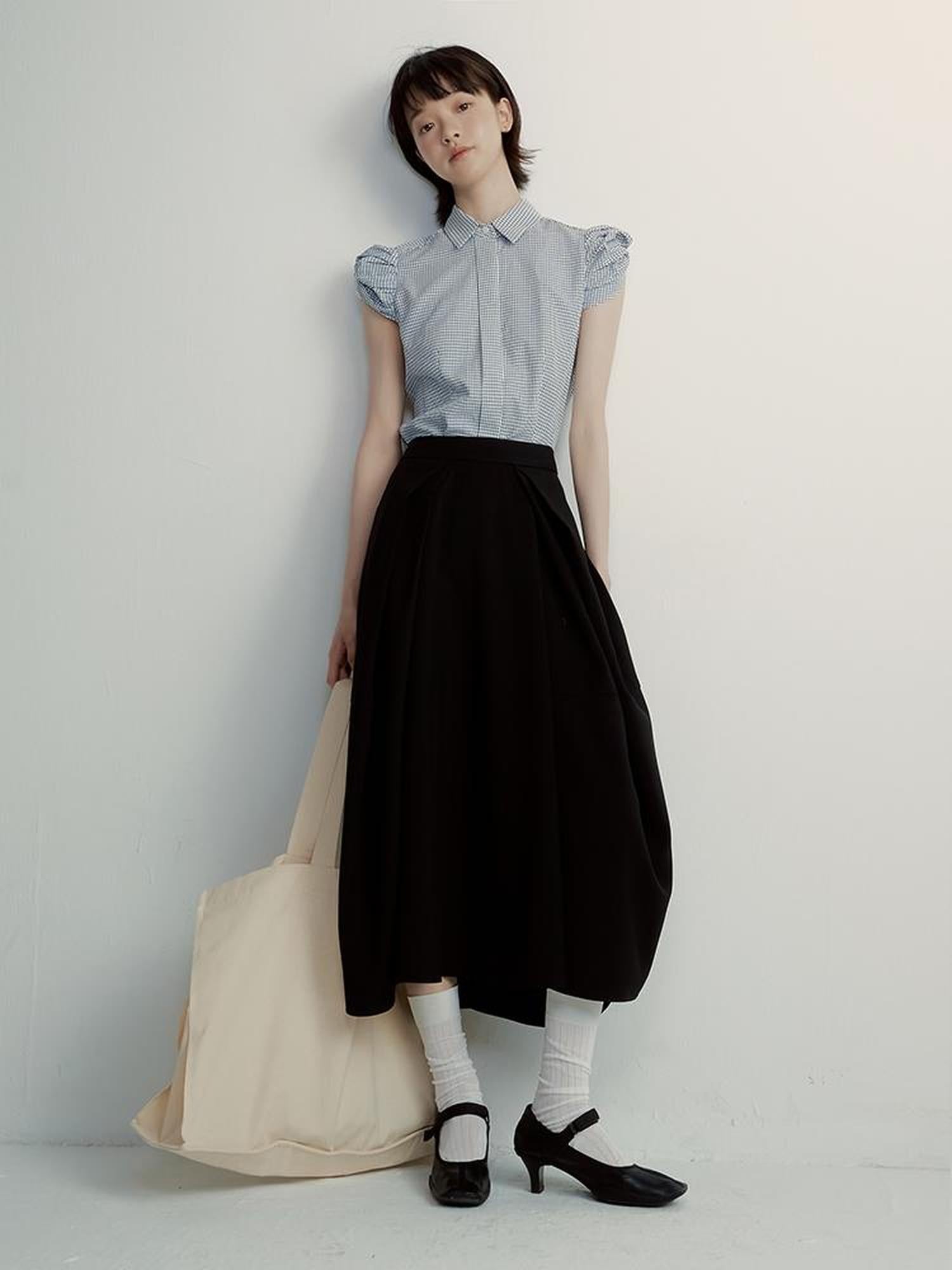 FUSSED Tencel Black Cocoon Midi Skirt With Pleats Draping