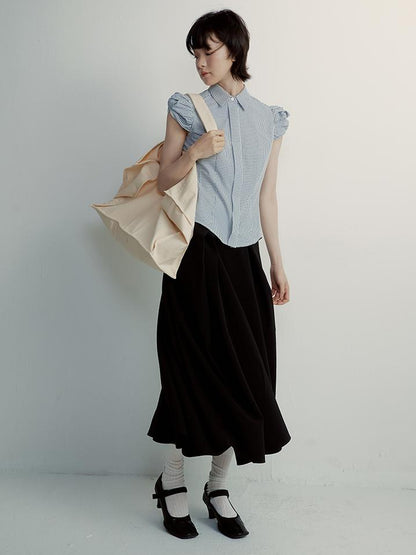 FUSSED Tencel Black Cocoon Midi Skirt With Pleats Draping