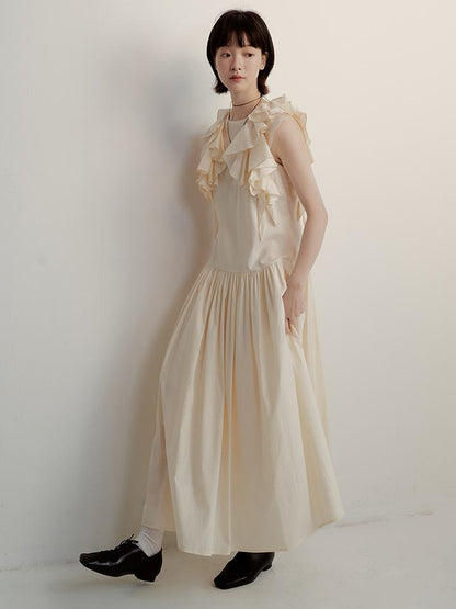 FUSSED Tencel Cotton Blend Creme A Line Dress With Asymmetric Hem