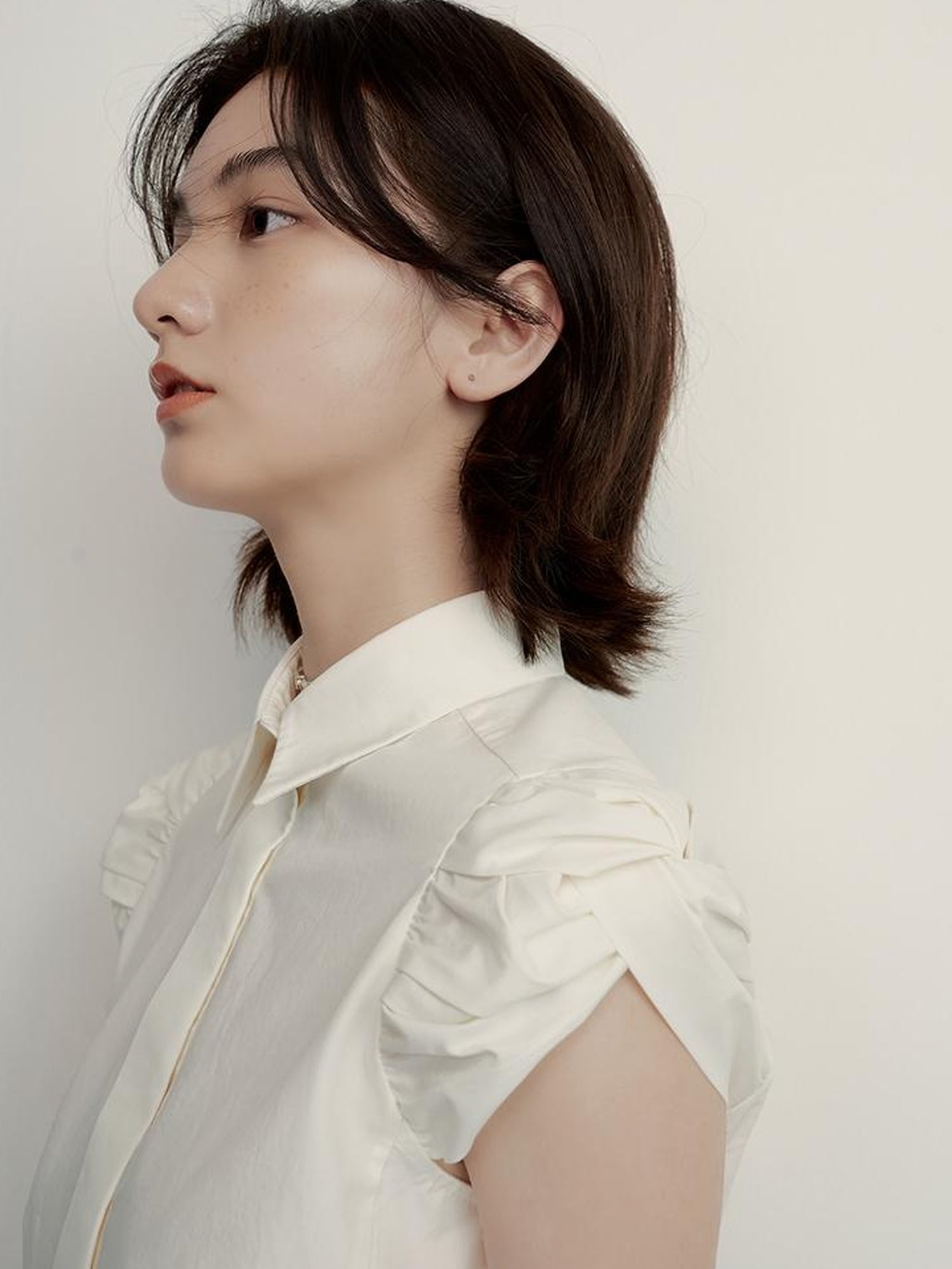 FUSSED Tencel Cotton Blouse With Structured Bloom Sleeves In Sand Beige