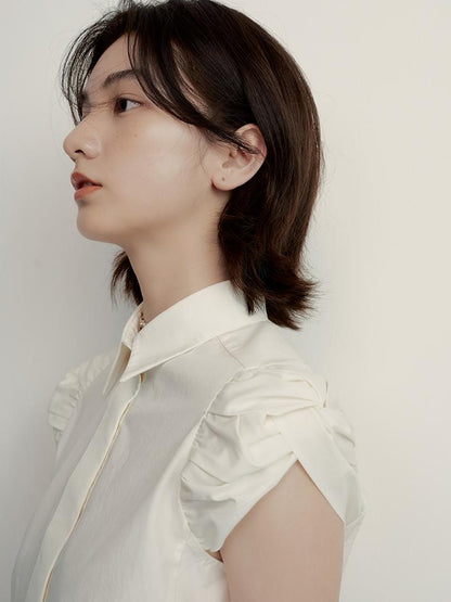 FUSSED Tencel Cotton Blouse With Structured Bloom Sleeves In Sand Beige