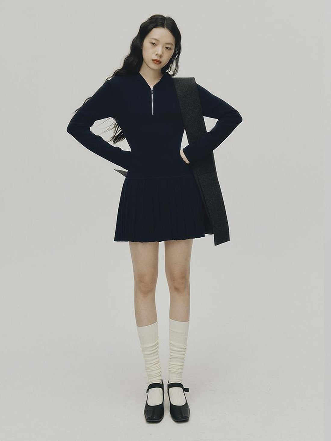 FUSSED Tennis Hoodie Dress With Pleats In Navy Blue