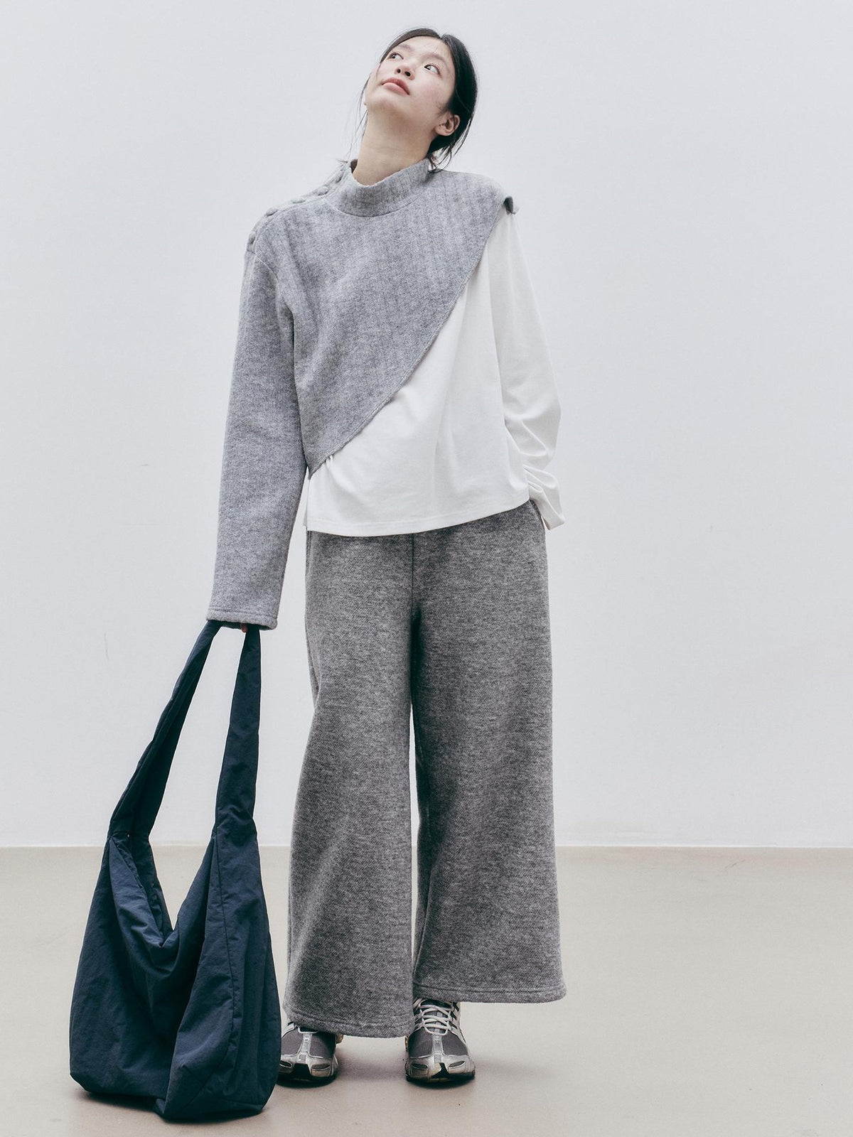FUSSED Textured Color Block Knit Stand Collar Women&