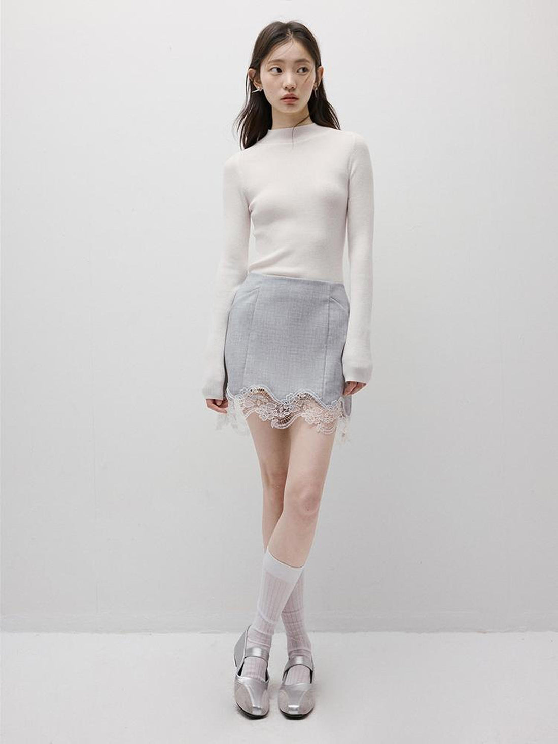 FUSSED Textured Gray Noise Lace Trimmed Structured Skirt