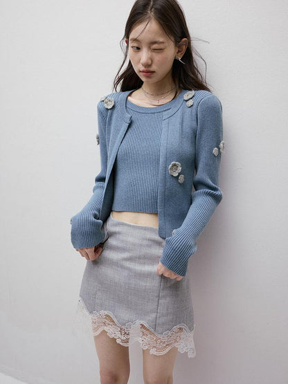 FUSSED Textured Gray Noise Lace Trimmed Structured Skirt