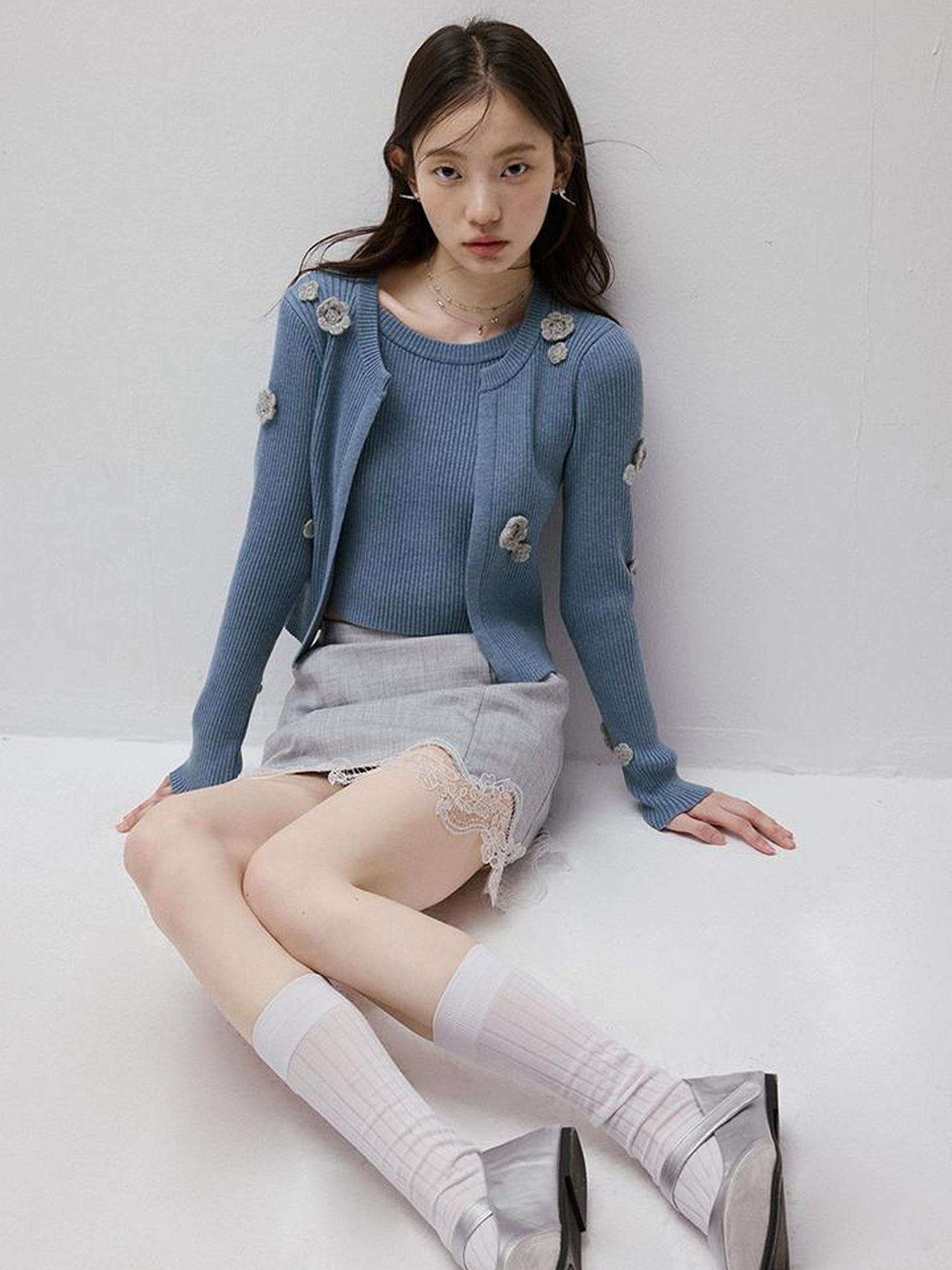 FUSSED Textured Gray Noise Lace Trimmed Structured Skirt
