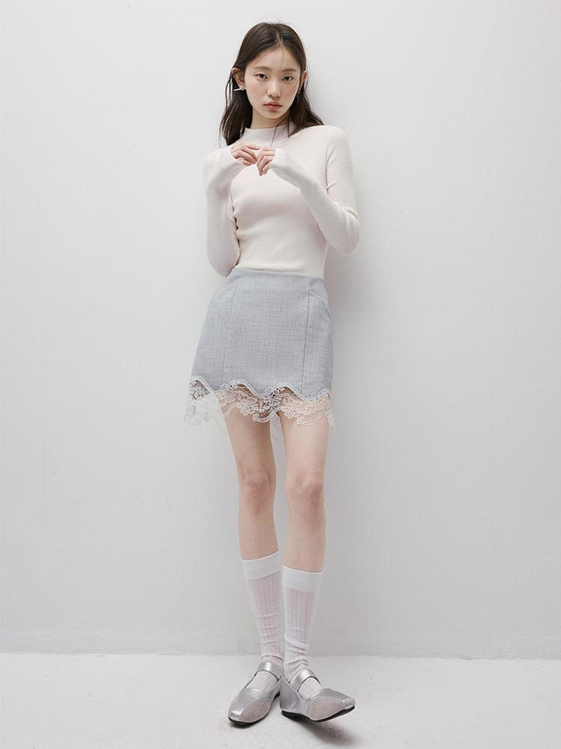 FUSSED Textured Gray Noise Lace Trimmed Structured Skirt