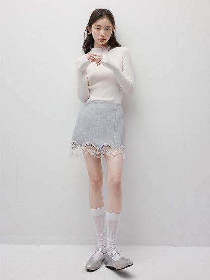 FUSSED Textured Gray Noise Lace Trimmed Structured Skirt