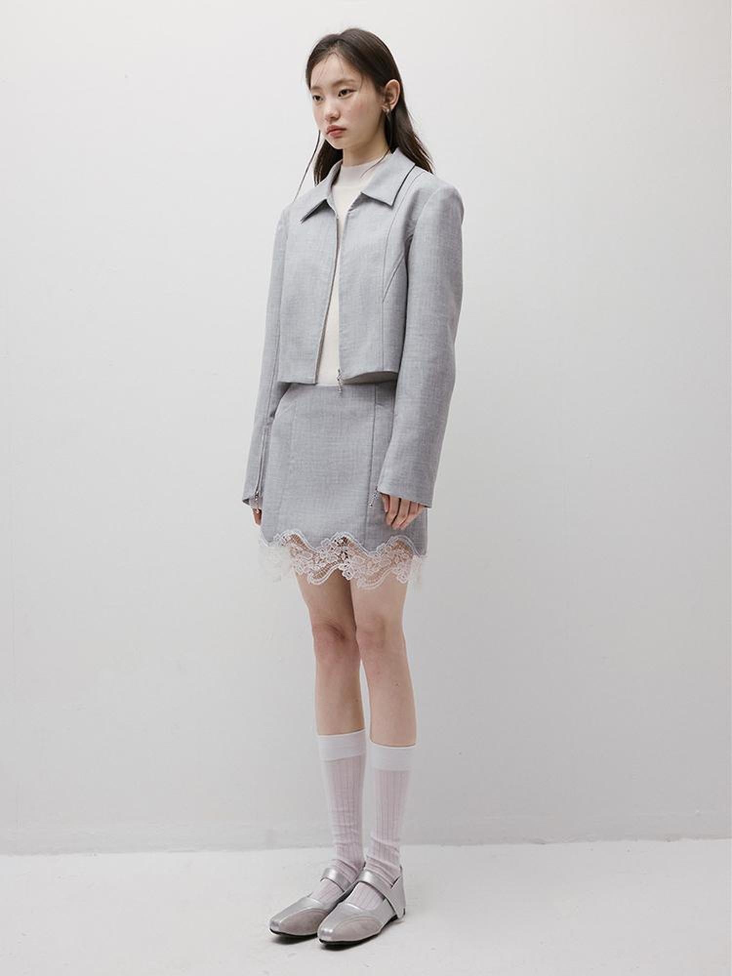 FUSSED Textured Gray Noise Lace Trimmed Structured Skirt