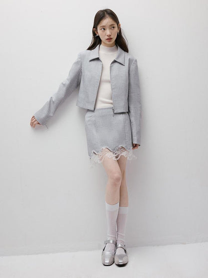 FUSSED Textured Gray Noise Lace Trimmed Structured Skirt