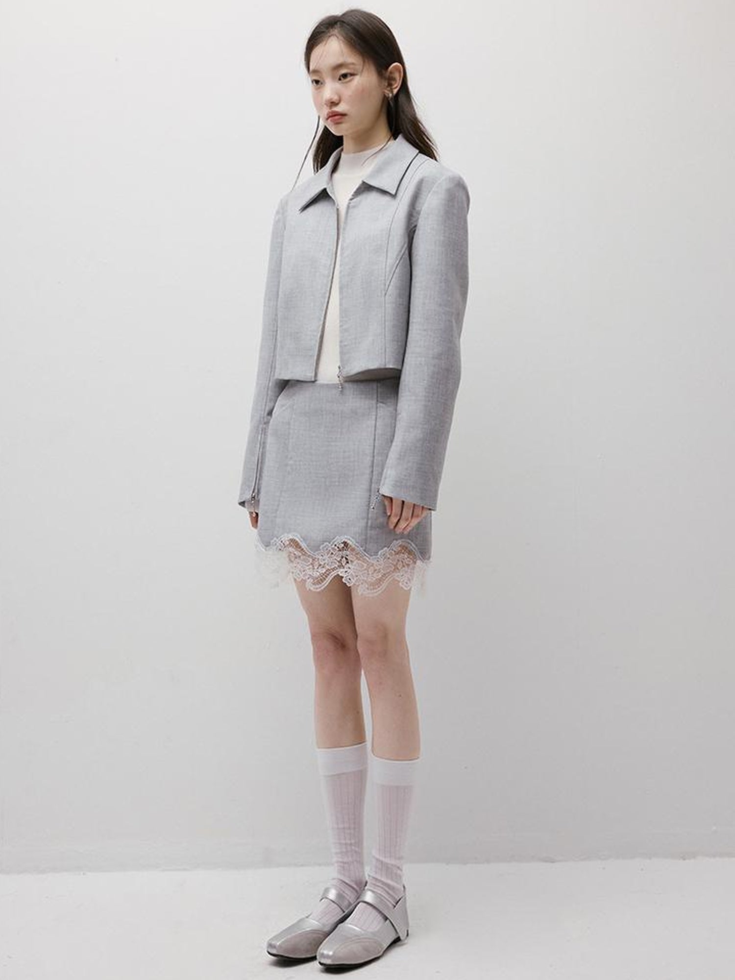 FUSSED Textured Gray Noise Lace Trimmed Structured Skirt