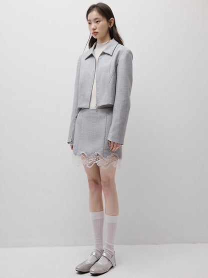 FUSSED Textured Gray Noise Lace Trimmed Structured Skirt