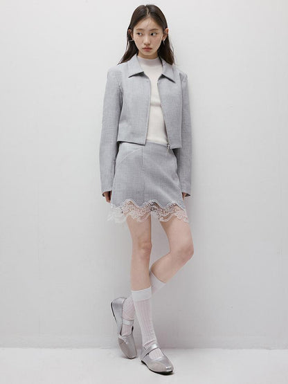 FUSSED Textured Gray Noise Lace Trimmed Structured Skirt