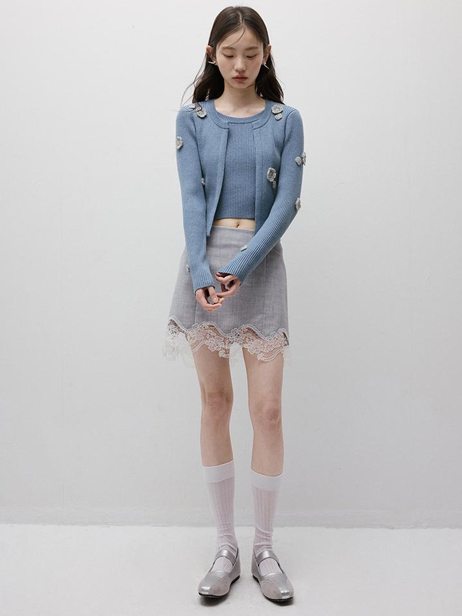 FUSSED Textured Gray Noise Lace Trimmed Structured Skirt