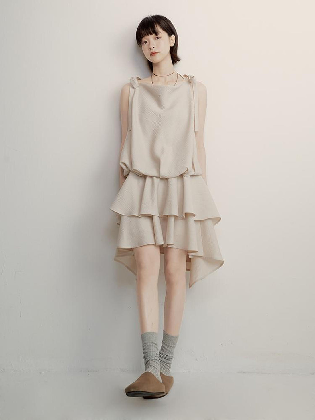 FUSSED Textured Peach Slub A Line Slip Dress With Adjustable Straps