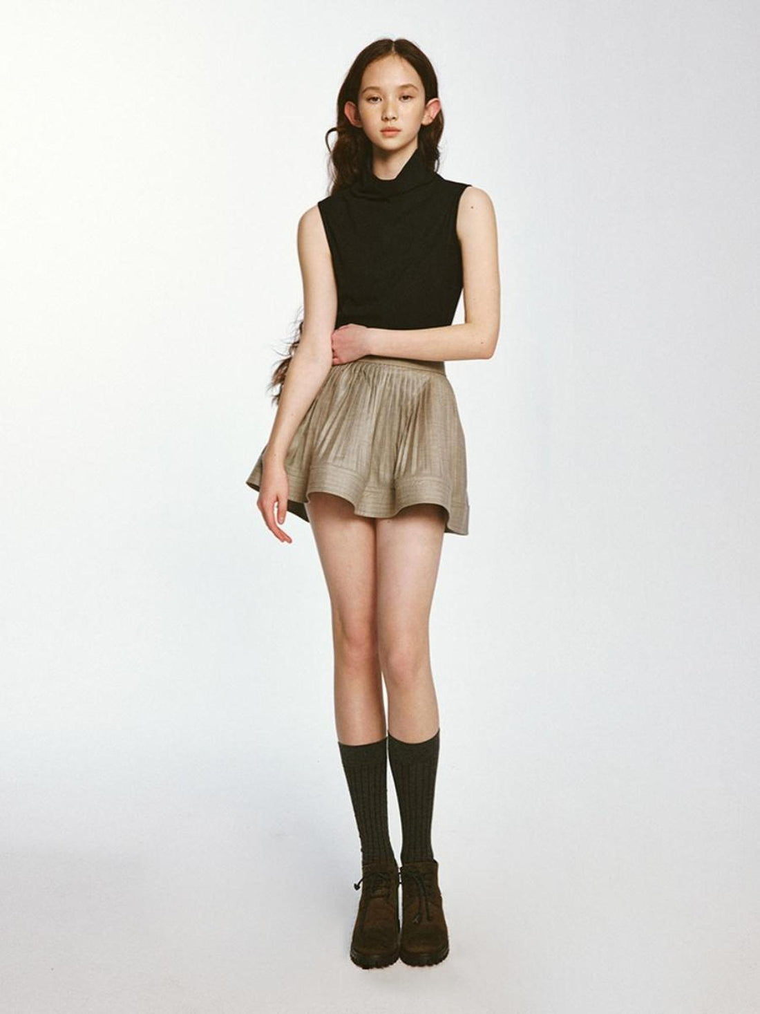 FUSSED Textured Pleated Midi Skirt Misty Brown
