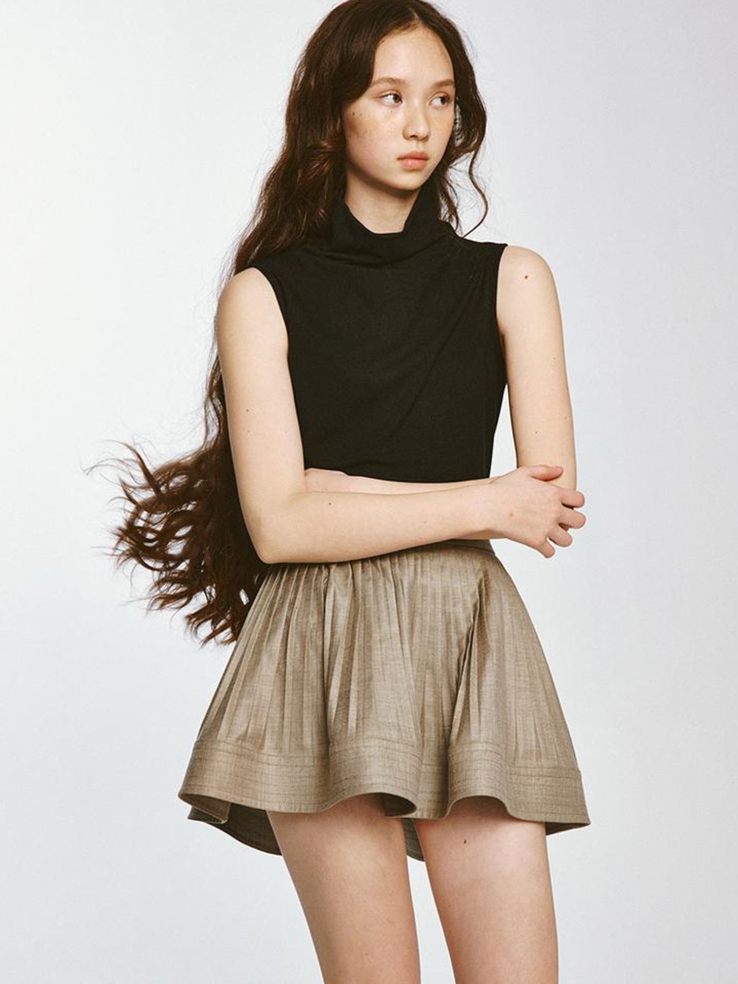 FUSSED Textured Pleated Midi Skirt Misty Brown