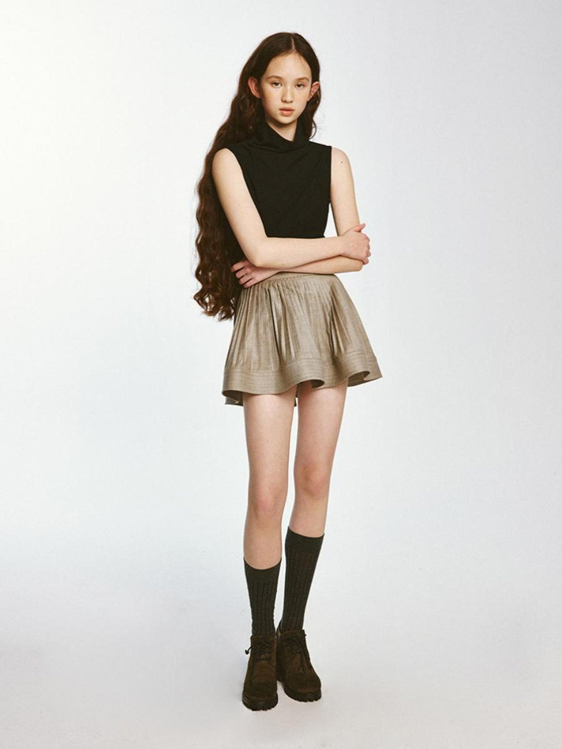 FUSSED Textured Pleated Midi Skirt Misty Brown
