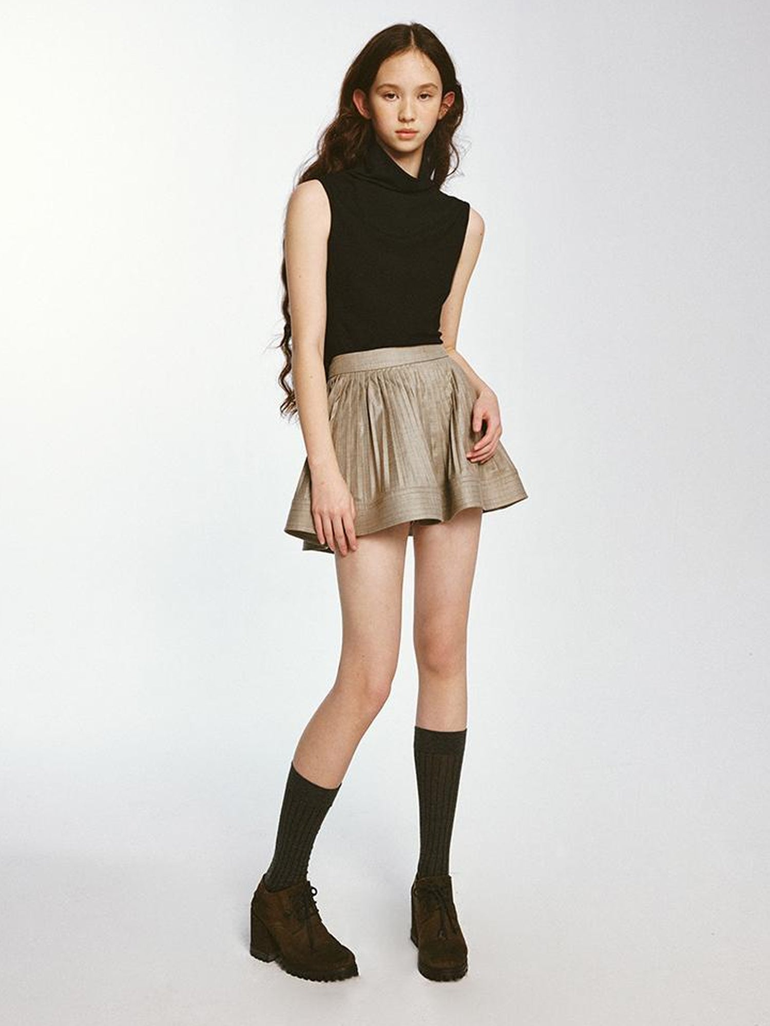 FUSSED Textured Pleated Midi Skirt Misty Brown