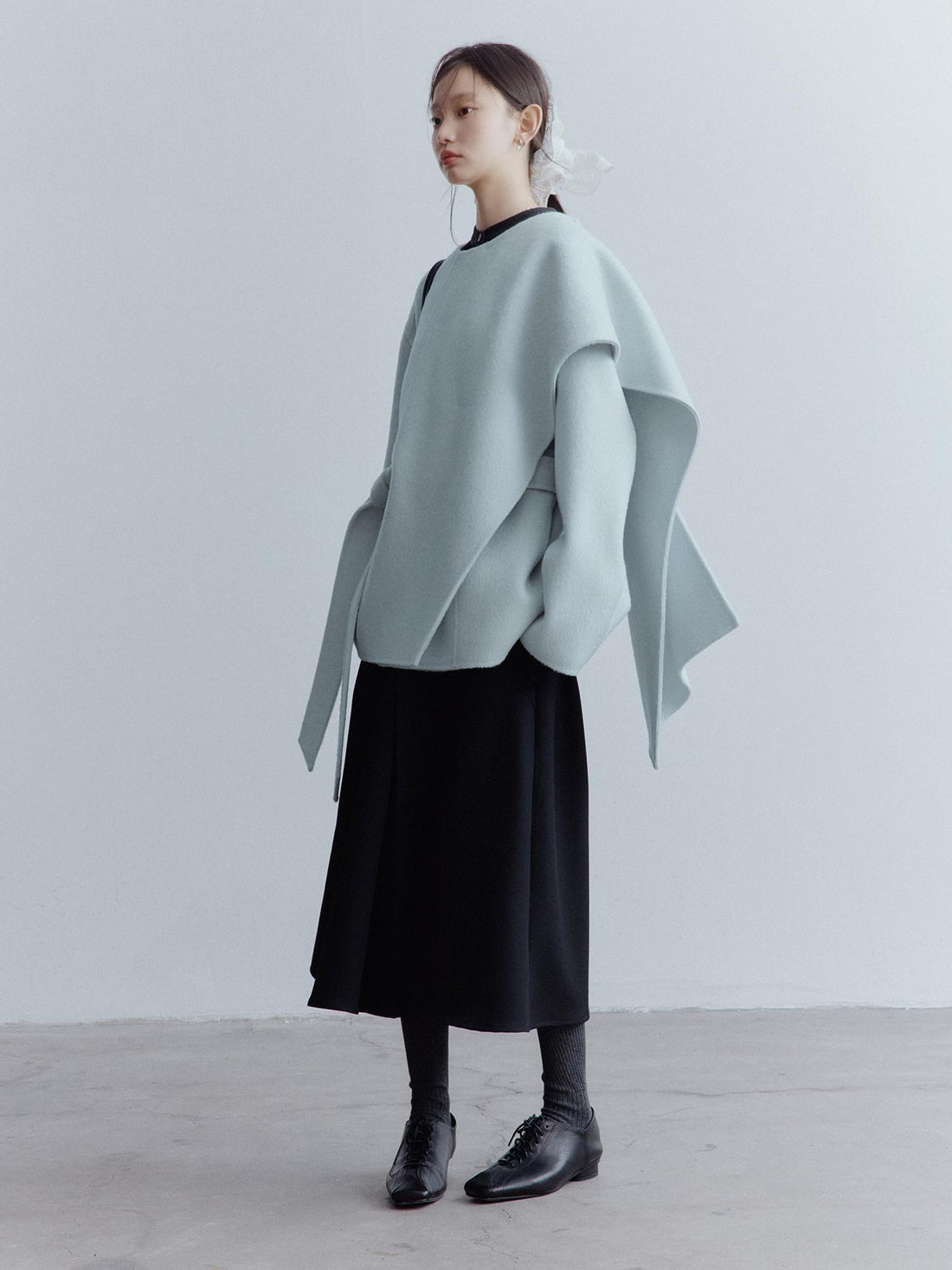 FUSSED Thick Cozy Tie Waist Loose Fit Commuter Round Neck Women Baby Blue Coat