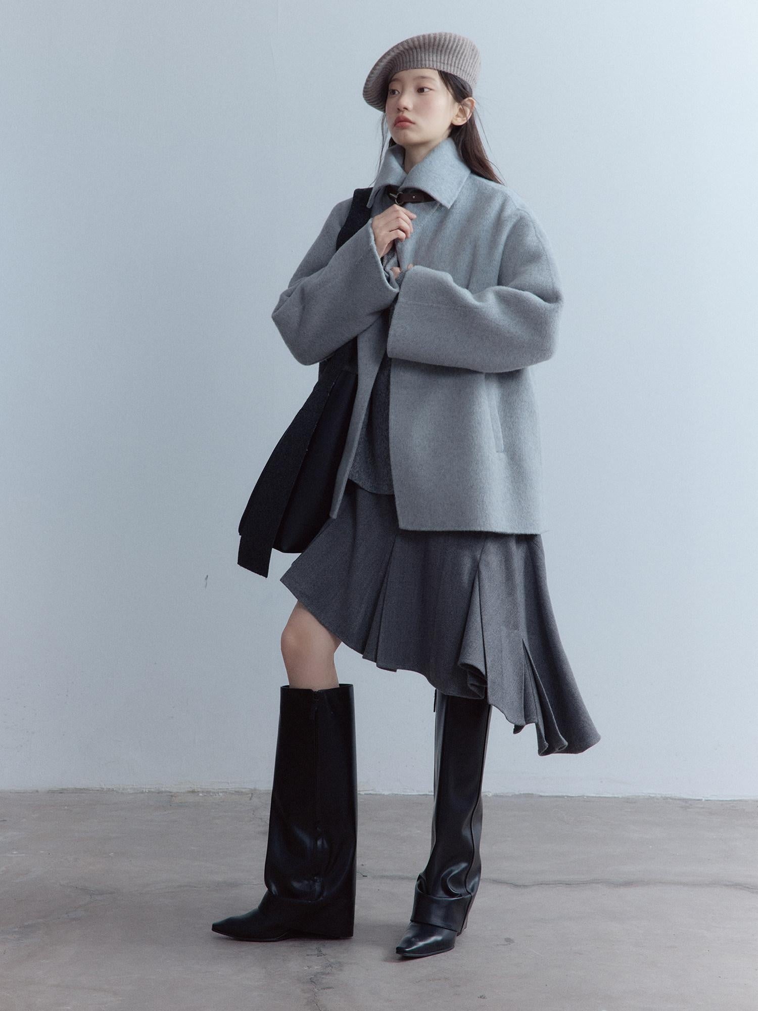 FUSSED Thick Loose Cute Collegiate Turn Down Collar One Button Youth Dawn Gray Jacket