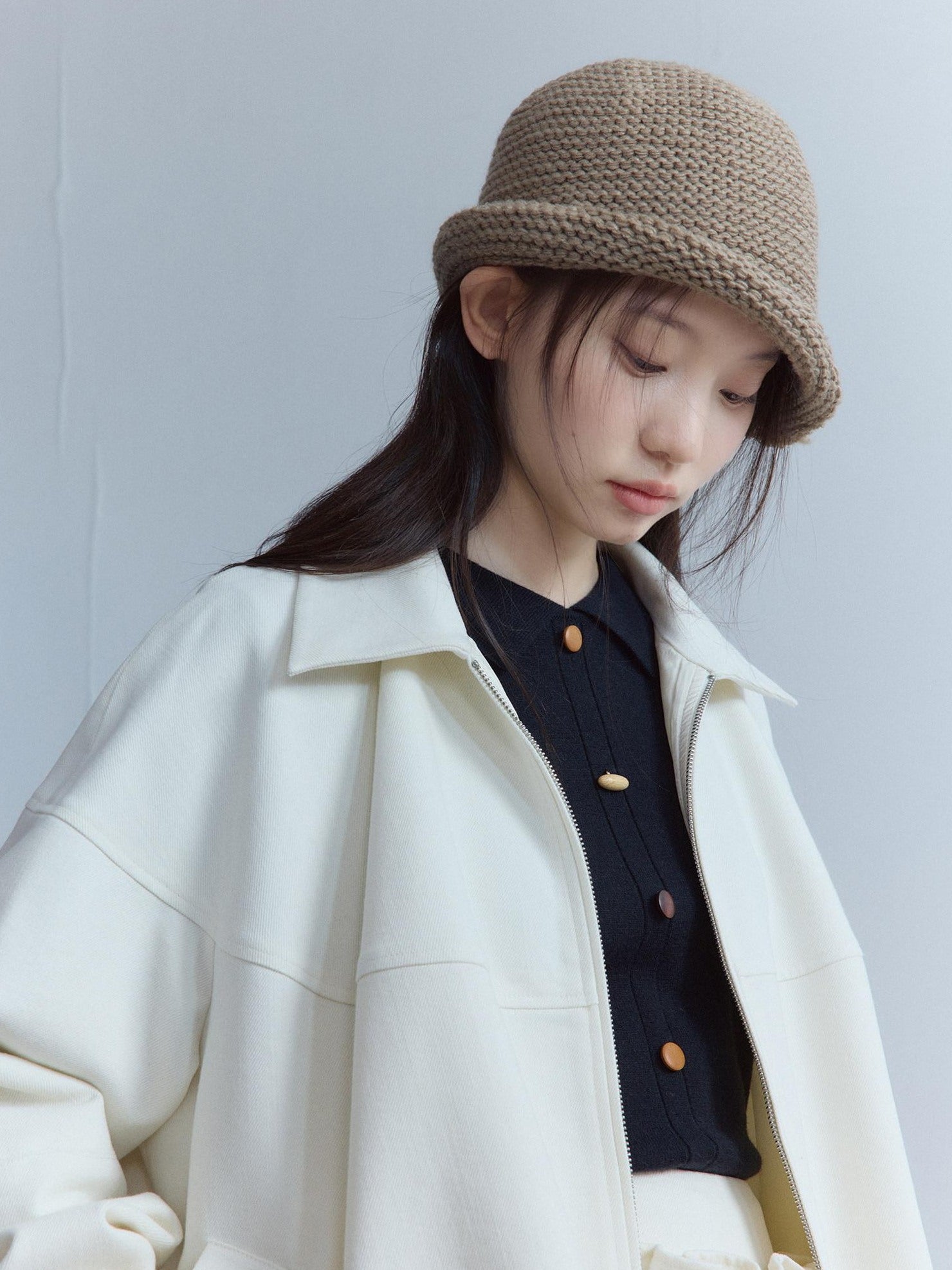 FUSSED Thick Oversized Utility Pocket Zip Casual Women Oatmeal White Jacket