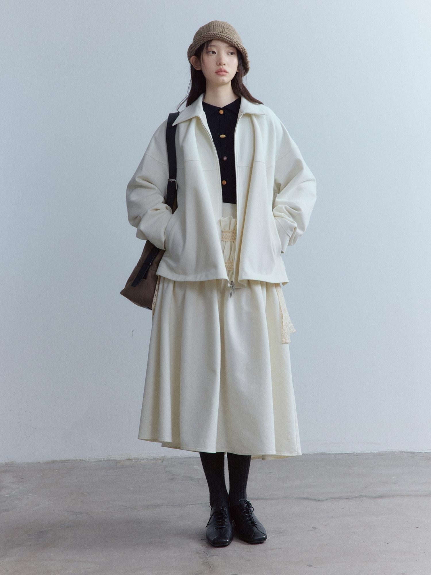 FUSSED Thick Oversized Utility Pocket Zip Casual Women Oatmeal White Jacket