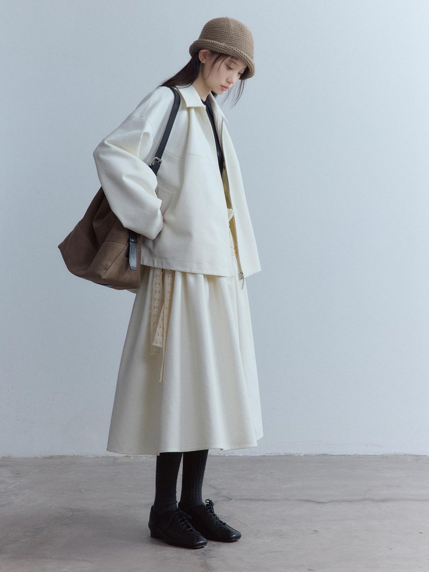 FUSSED Thick Oversized Utility Pocket Zip Casual Women Oatmeal White Jacket